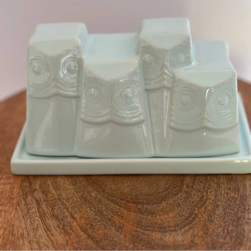 West Elm Owl Butter Dish Light Turquoise Blue